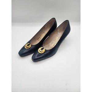 Salvatore Ferragamo Women's Blue Leather Heel Pumps Classic Gold Accent 7 AA